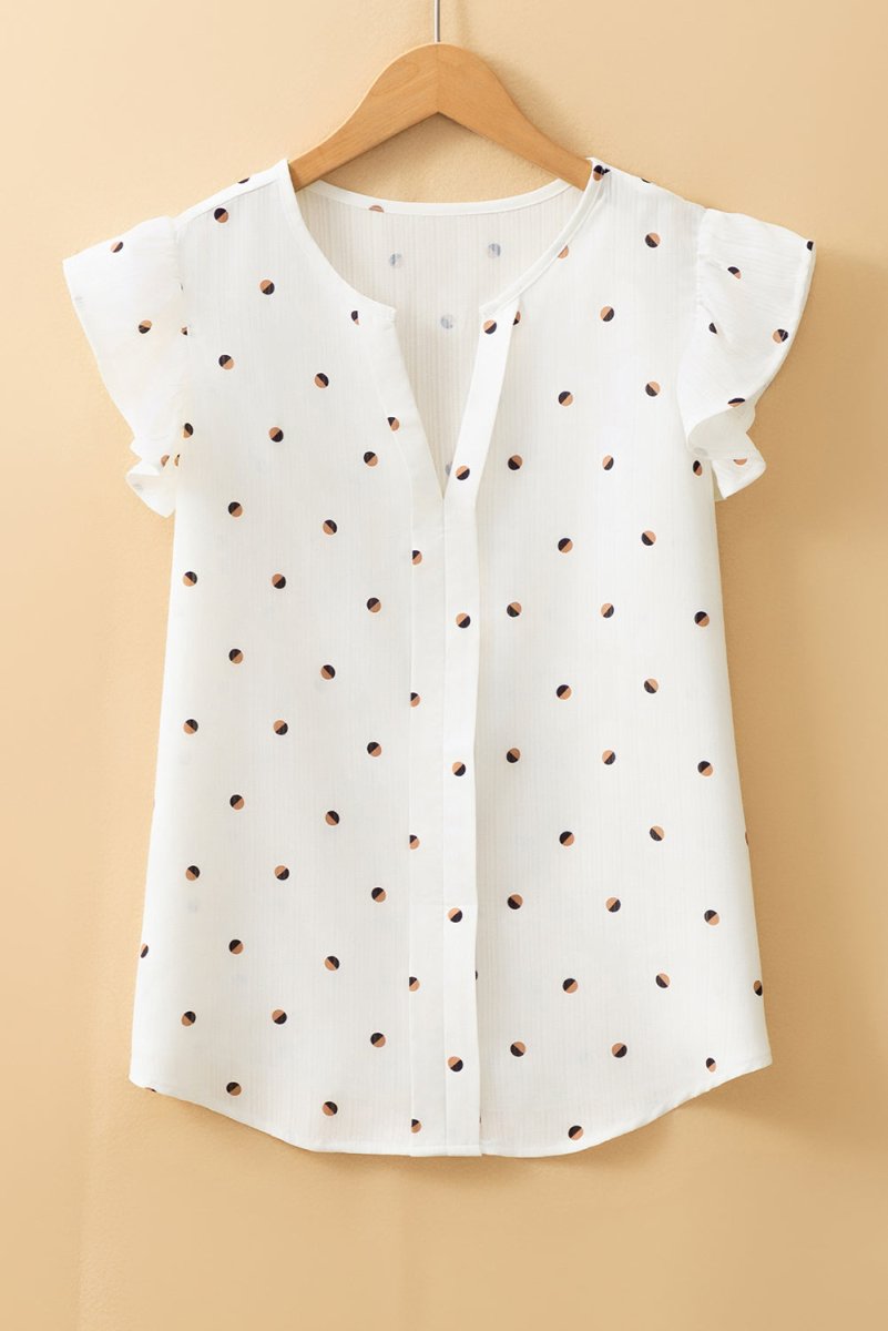 White Polka Dot Print Ruffled Shoulder V Neck Tank Top - Love Salve